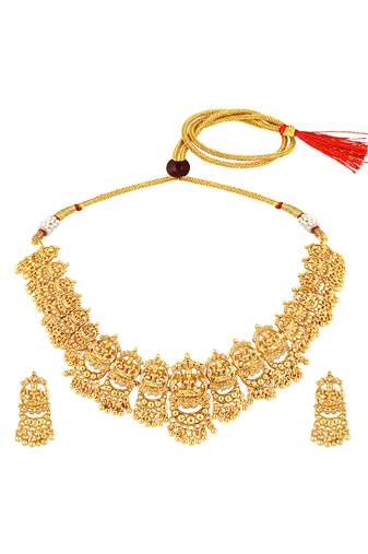 Gold plated lakshmi mofit necklace earrings set ethnic temple jewellery for women