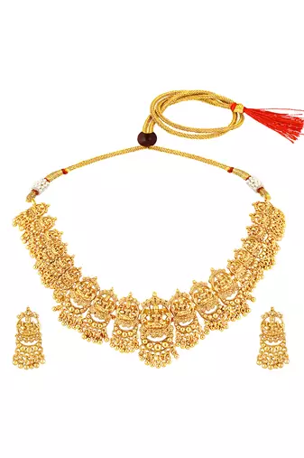 Gold plated lakshmi mofit necklace earrings set ethnic temple jewellery for women