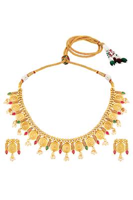 Gold plated faux ruby faux emerald & lariya studded necklace earrings set jewellery for women 1