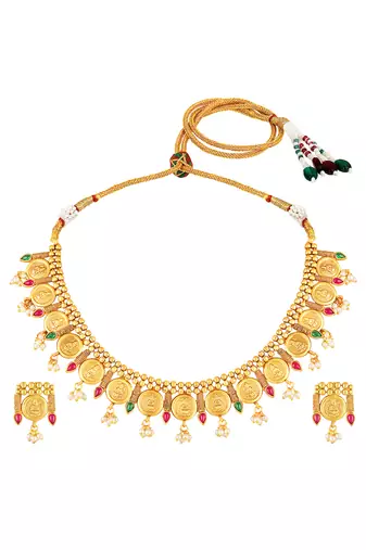 Gold plated faux ruby faux emerald & lariya studded necklace earrings set jewellery for women
