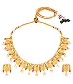 Gold plated faux ruby faux emerald & lariya studded necklace earrings set jewellery for women