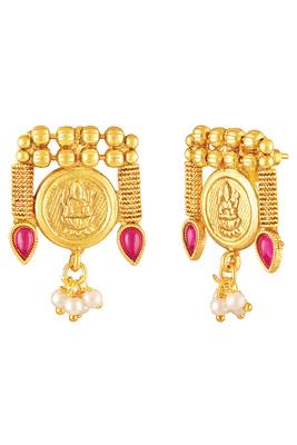 Gold plated faux ruby faux emerald & lariya studded necklace earrings set jewellery for women 2