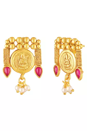 Gold plated faux ruby faux emerald & lariya studded necklace earrings set jewellery for women