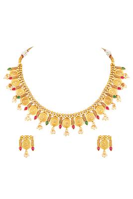 Gold plated faux ruby faux emerald & lariya studded necklace earrings set jewellery for women 3