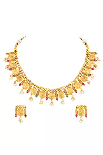 Gold plated faux ruby faux emerald & lariya studded necklace earrings set jewellery for women