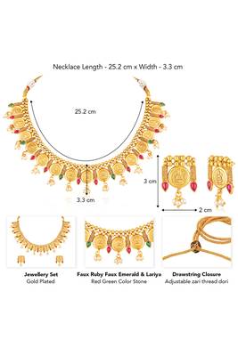 Gold plated faux ruby faux emerald & lariya studded necklace earrings set jewellery for women 4