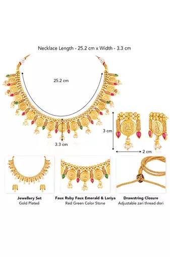Gold plated faux ruby faux emerald & lariya studded necklace earrings set jewellery for women