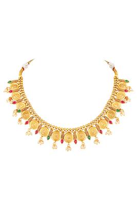 Gold plated faux ruby faux emerald & lariya studded necklace earrings set jewellery for women 5
