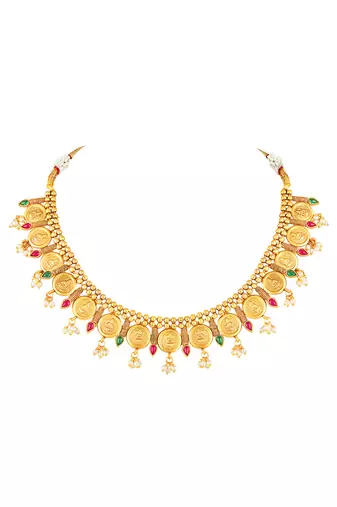 Gold plated faux ruby faux emerald & lariya studded necklace earrings set jewellery for women