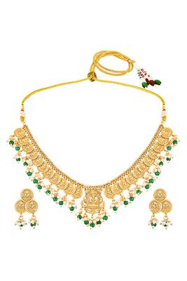 Green beads studded gold plated coin tassel necklace earrings ethnic jewellery set for women 1