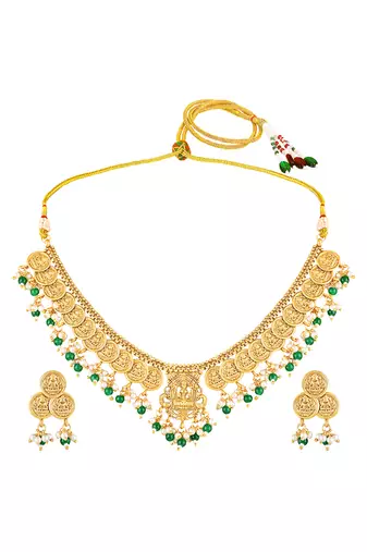 Green beads studded gold plated coin tassel necklace earrings ethnic jewellery set for women