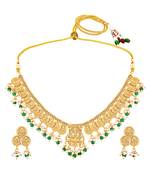 Green beads studded gold plated coin tassel necklace earrings ethnic jewellery set for women