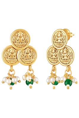 Green beads studded gold plated coin tassel necklace earrings ethnic jewellery set for women 2