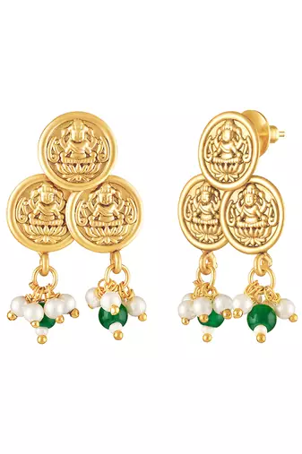 Green beads studded gold plated coin tassel necklace earrings ethnic jewellery set for women