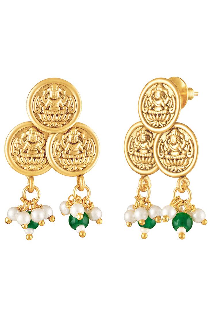Green beads studded gold plated coin tassel necklace earrings ethnic jewellery set for women