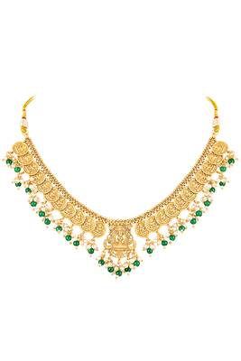 Green beads studded gold plated coin tassel necklace earrings ethnic jewellery set for women 3