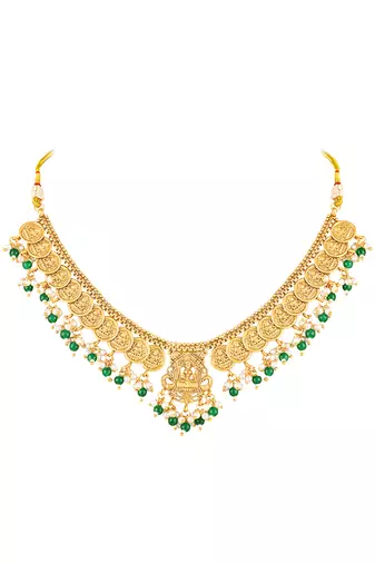 Green beads studded gold plated coin tassel necklace earrings ethnic jewellery set for women