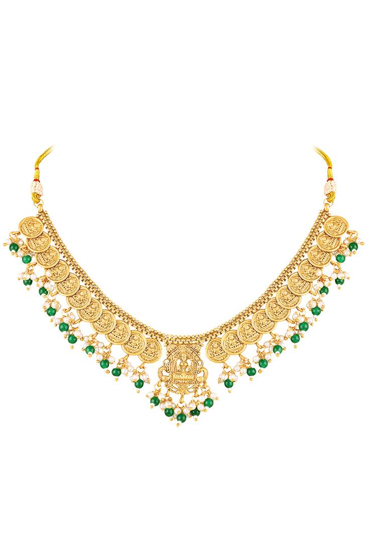 Green beads studded gold plated coin tassel necklace earrings ethnic jewellery set for women