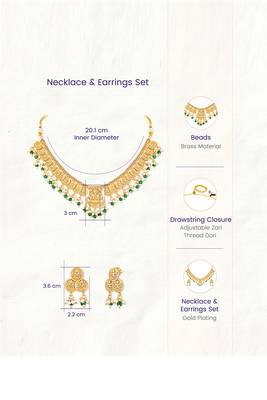 Green beads studded gold plated coin tassel necklace earrings ethnic jewellery set for women 4