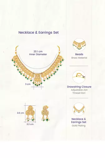 Green beads studded gold plated coin tassel necklace earrings ethnic jewellery set for women