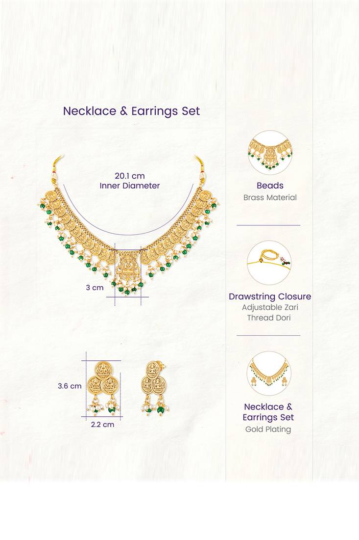 Green beads studded gold plated coin tassel necklace earrings ethnic jewellery set for women