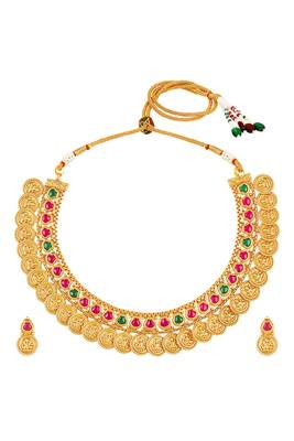 Gold plated faux ruby faux emerald studded necklace earrings set ethnic jewellery for women 1