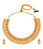 Gold plated faux ruby faux emerald studded necklace earrings set ethnic jewellery for women