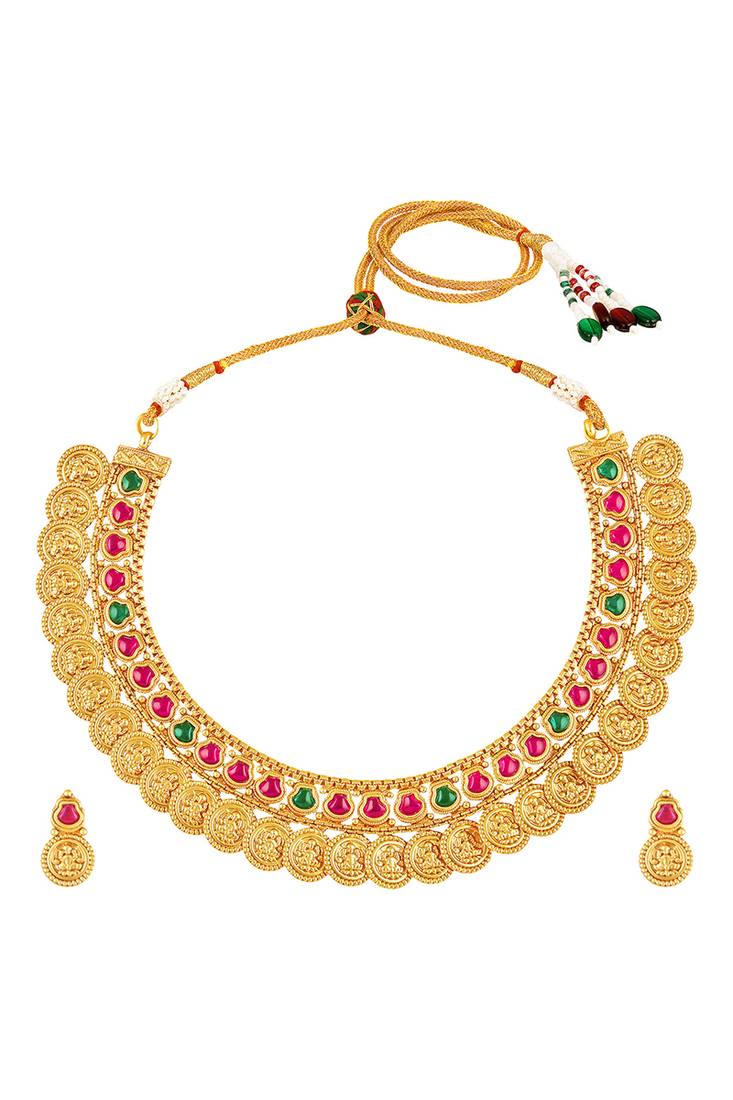 Gold plated faux ruby faux emerald studded necklace earrings set ethnic jewellery for women