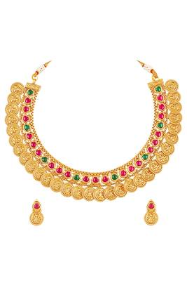 Gold plated faux ruby faux emerald studded necklace earrings set ethnic jewellery for women 2