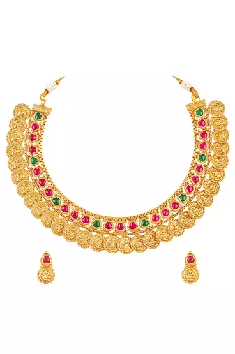 Gold plated faux ruby faux emerald studded necklace earrings set ethnic jewellery for women