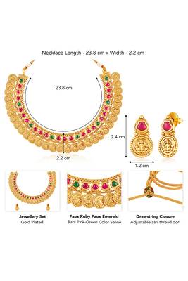 Gold plated faux ruby faux emerald studded necklace earrings set ethnic jewellery for women 4