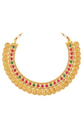 Gold plated faux ruby faux emerald studded necklace earrings set ethnic jewellery for women 5