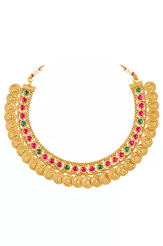 Gold plated faux ruby faux emerald studded necklace earrings set ethnic jewellery for women