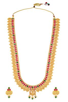 Gold plated faux ruby faux emerald studded long necklace earrings set jewellery for women 1