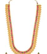 Gold plated faux ruby faux emerald studded long necklace earrings set jewellery for women