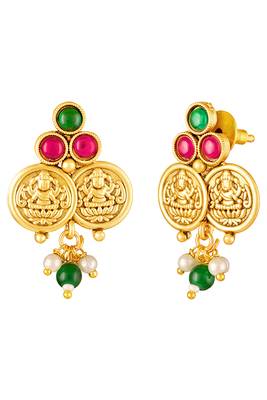 Gold plated faux ruby faux emerald studded long necklace earrings set jewellery for women 2
