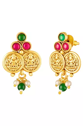Gold plated faux ruby faux emerald studded long necklace earrings set jewellery for women