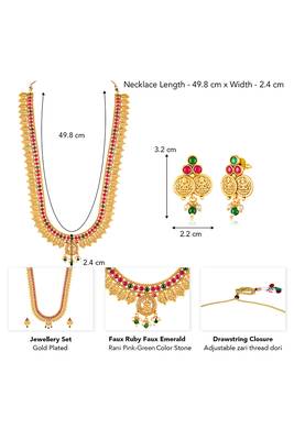 Gold plated faux ruby faux emerald studded long necklace earrings set jewellery for women 4