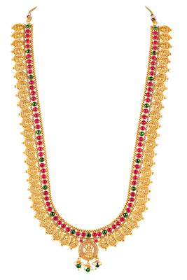 Gold plated faux ruby faux emerald studded long necklace earrings set jewellery for women 5