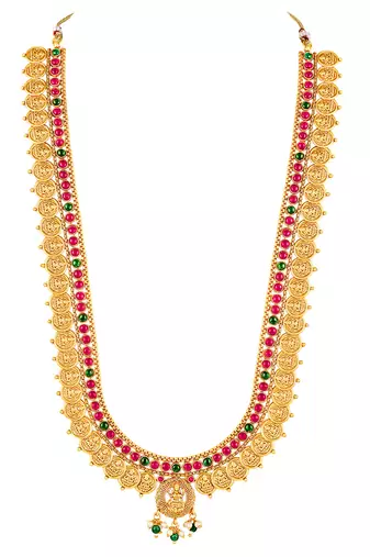 Gold plated faux ruby faux emerald studded long necklace earrings set jewellery for women
