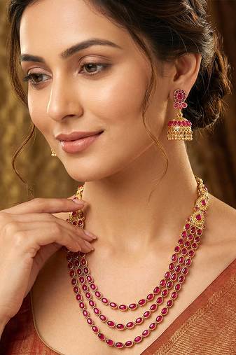 Rani pink layered long necklace earrings for women | faux ruby studded | festive jewellery