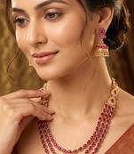 Rani pink layered long necklace earrings for women | faux ruby studded | festive jewellery