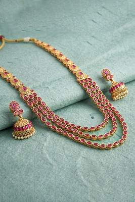 Rani pink layered long necklace earrings for women | faux ruby studded | festive jewellery 2