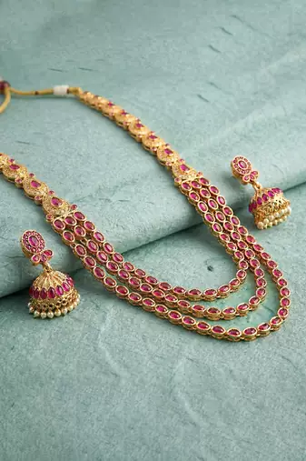 Rani pink layered long necklace earrings for women | faux ruby studded | festive jewellery