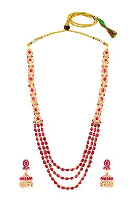 Rani pink layered long necklace earrings for women | faux ruby studded | festive jewellery 3