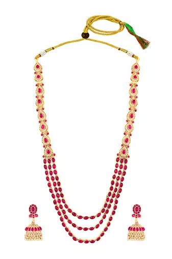 Rani pink layered long necklace earrings for women | faux ruby studded | festive jewellery