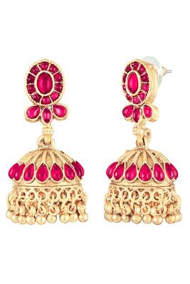 Rani pink layered long necklace earrings for women | faux ruby studded | festive jewellery 5