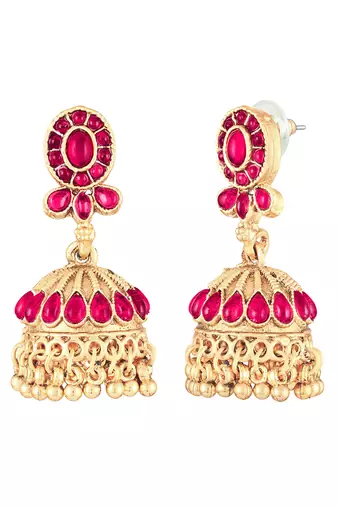 Rani pink layered long necklace earrings for women | faux ruby studded | festive jewellery