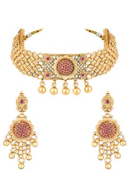 Gold plated faux ruby studded traditional ethnic necklace earrings set jewellery for women 1