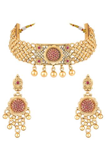 Gold plated faux ruby studded traditional ethnic necklace earrings set jewellery for women
